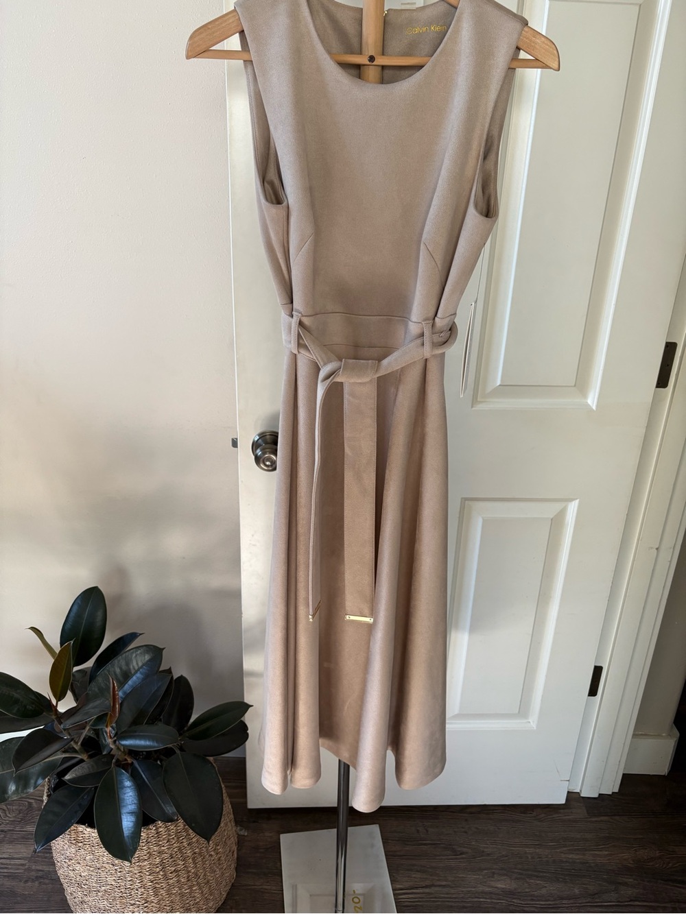Calvin Klein Sleeveless Belted Midi Dress in Taupe Beige